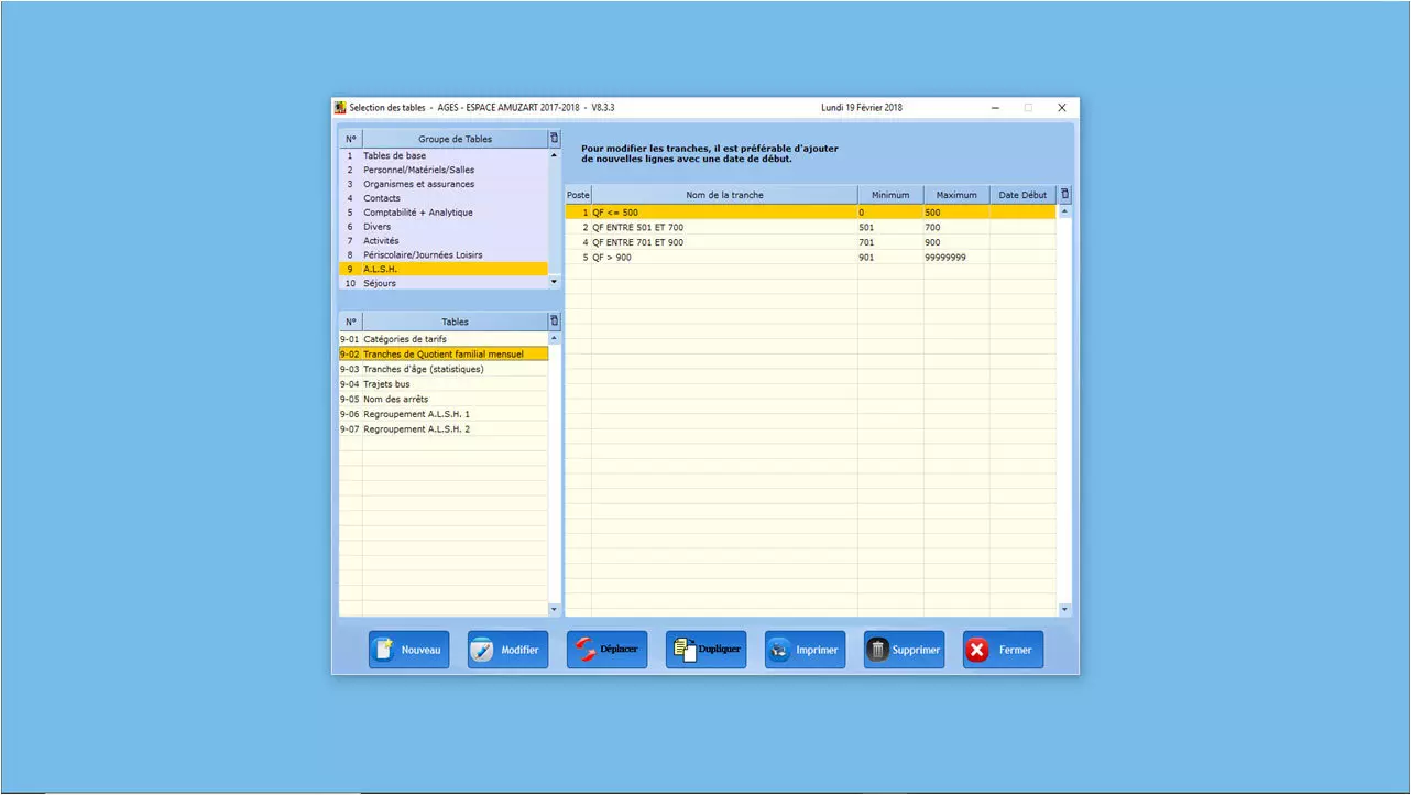 Logiciel périscolaire Belami - Tables de paramètrage