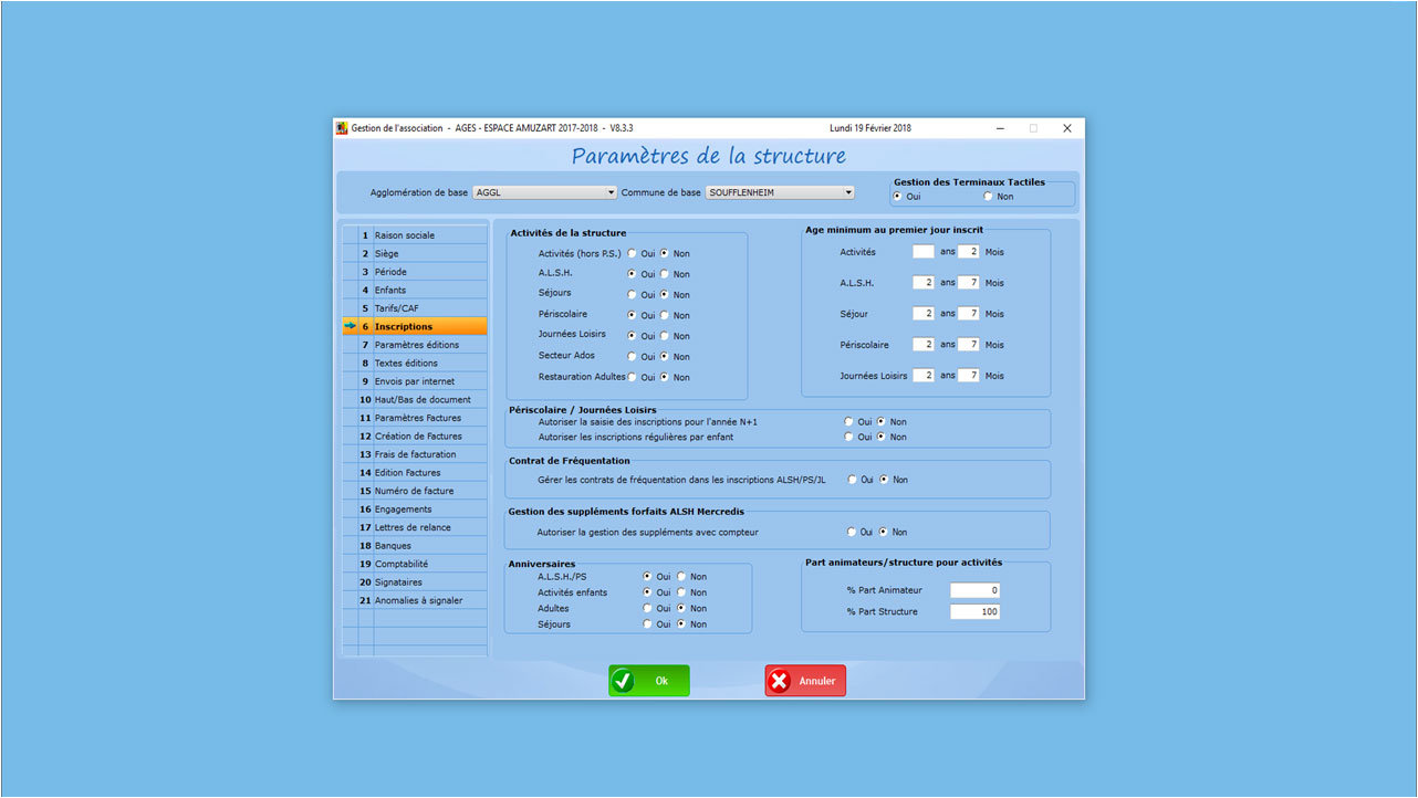 Logiciel périscolaire Belami - Paramètres d'une structure